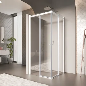 KAYLEE - Cabine de duche de canto com portas de correr, vidro transparente 6 mm e perfil branco