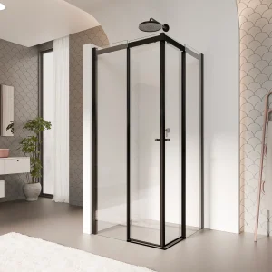 KAYLEE - Cabine de duche de canto com portas de correr, vidro transparente 6 mm e perfil preto mate