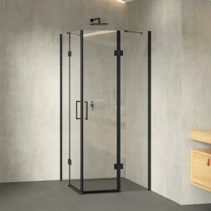 CELINE - Cabine de duche de canto com portas articuladas em vidro temperado e perfil preto mate