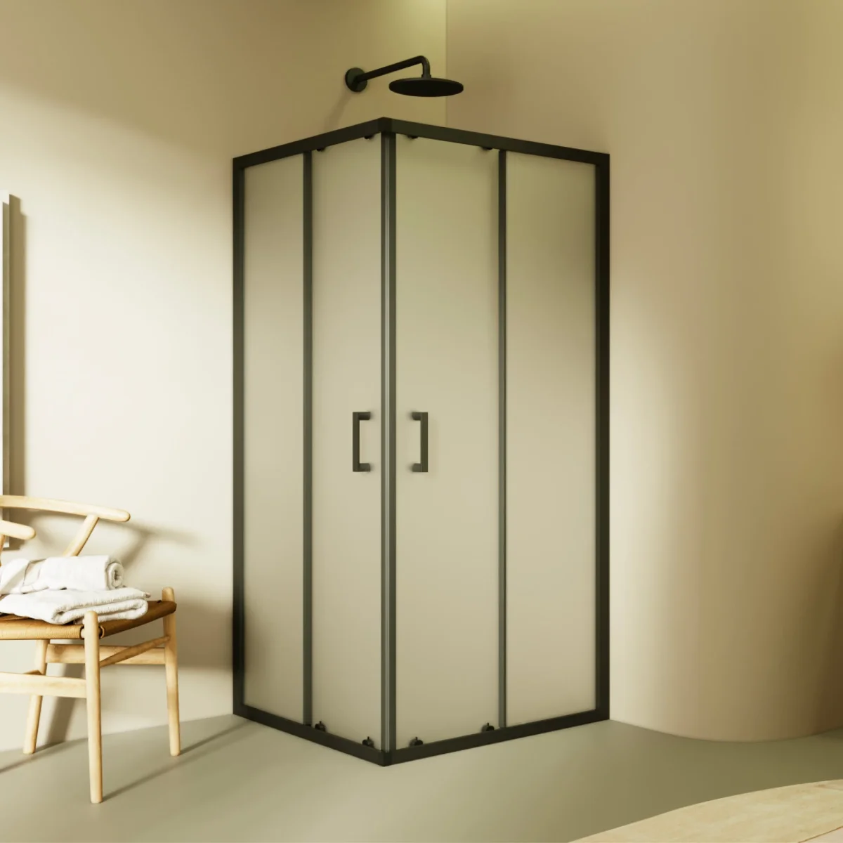 DIANA - Cabine de duche de canto com portas de correr em vidro temperado fosco e perfil preto mate - Image 2