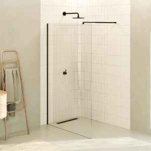 FIONA - Painel de duche walk-in em vidro temperado 8 mm com perfil preto mate e barra 22BM