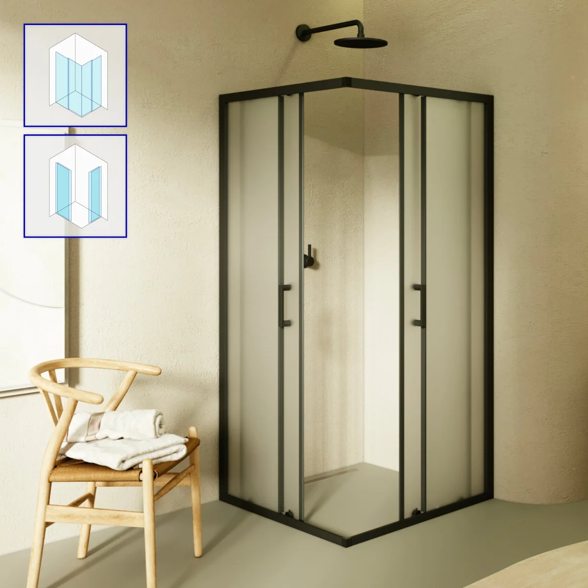 DIANA - Cabine de duche de canto com portas de correr em vidro temperado fosco e perfil preto mate - Image 3