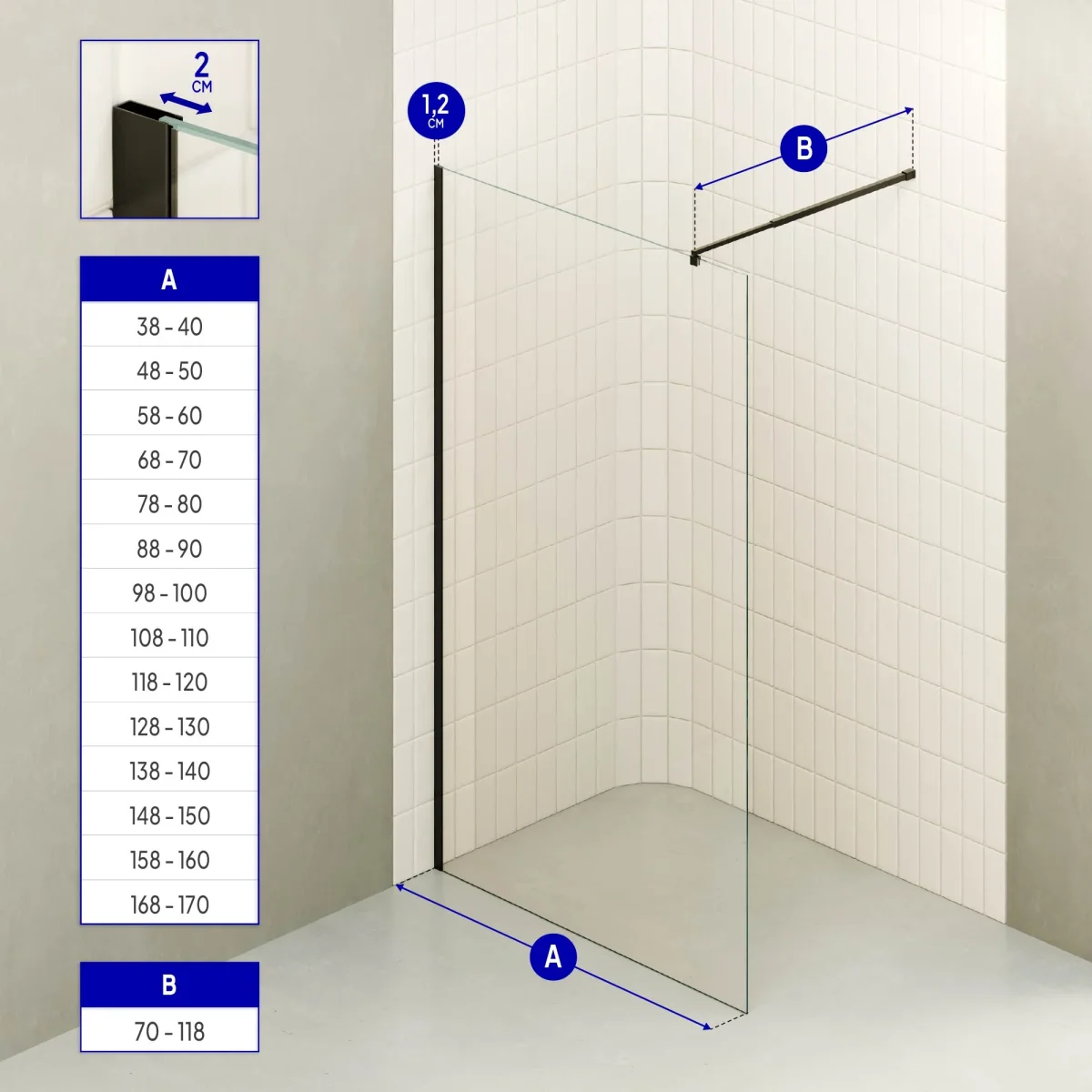 FIONA - Painel de duche walk-in em vidro temperado 8 mm com perfil preto mate e barra 22BM - Image 6